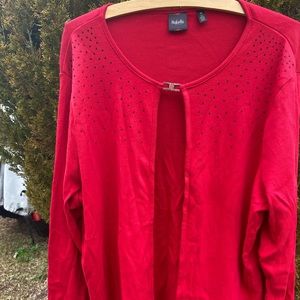 Plus Size Red & Black Jeweled Rafaella Lightweight Cardigan with Metal Clasp 2X